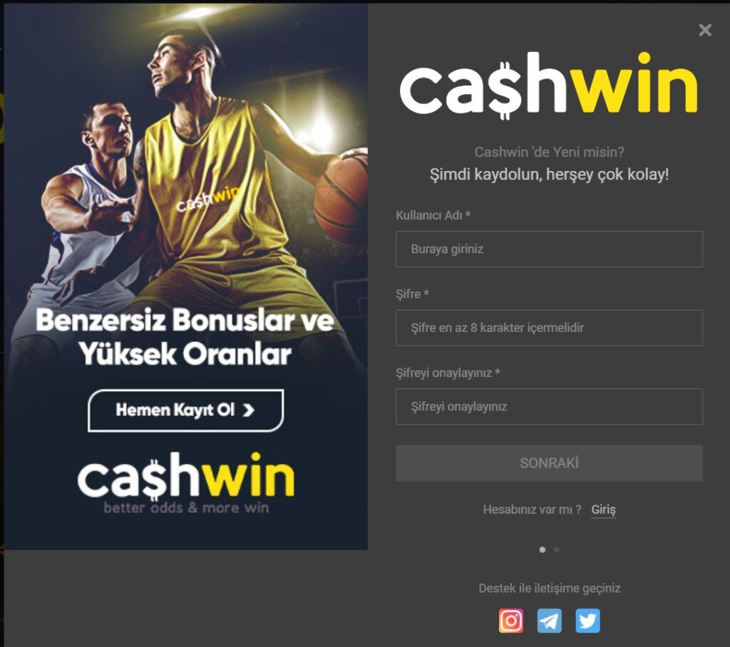 cashwin üyelik işlemleri